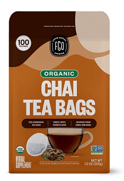 FGO Organic Chai Tea Bags in Kraft Bag  100 pcs  Blend of Chinese Keemun Tea, Indian Assam Tea, Cinnamon, Cardamom, Cloves, Ginger, Black Pepper  Eco-Conscious  Blended in USA