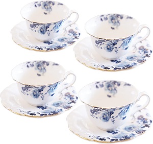 Jomop Ceramic Tea Cups Coffee Cup and Saucers Set of 4 (Blue and White)