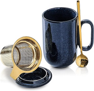 vicrays Ceramic Tea Cup Mug Infuser Large 16 oz Hot Loose Steeping Handle Teacup with Leaf Infuser Spoon Lid - Blue Tall Glazed Strainer Coffee Mug Microwave Safe - Blue